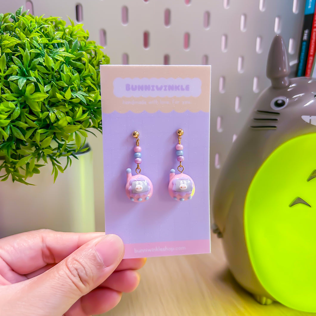 Pink Tamagochi Dangling Clay Earrings